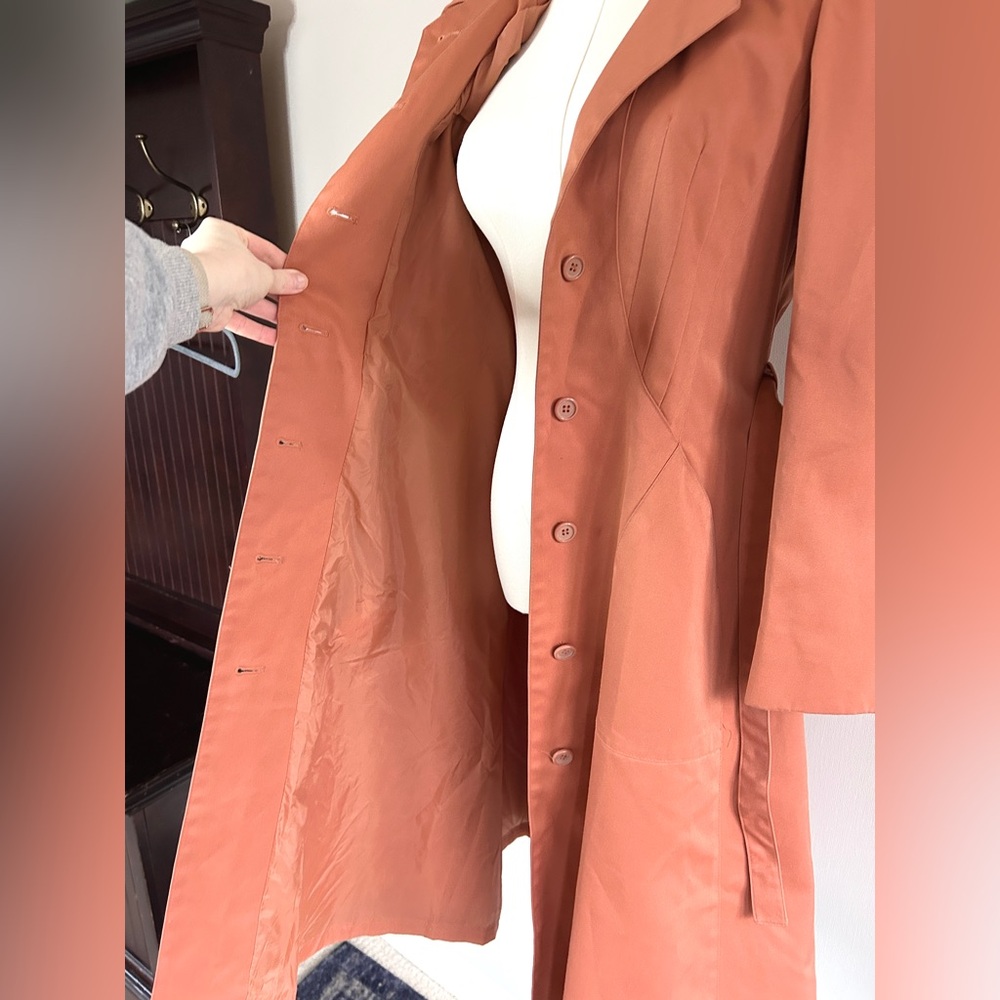VINTAGE PBD INTERNATIONAL 90s Rust Belted Trench Coat Dress Parisian Retro Small - Picture 4 of 13